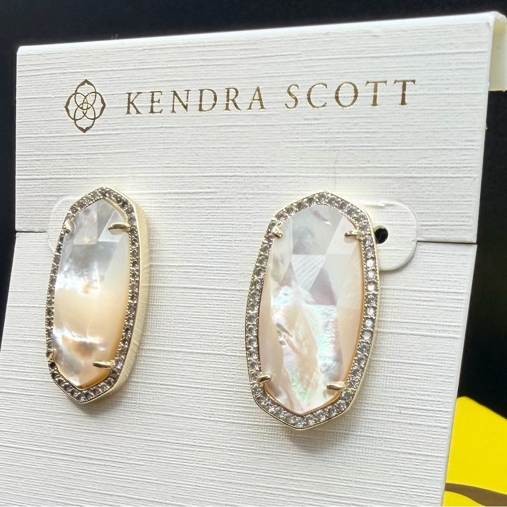 Kendra Scott Elsie Lux Earrings Ivory MOP Gold Crystal Halo Statement Earrings - Picture 7 of 9
